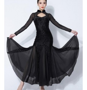Black velvet ballroom dance dresses for women girls waltz tango foxtrot smooth dance long skirt for female